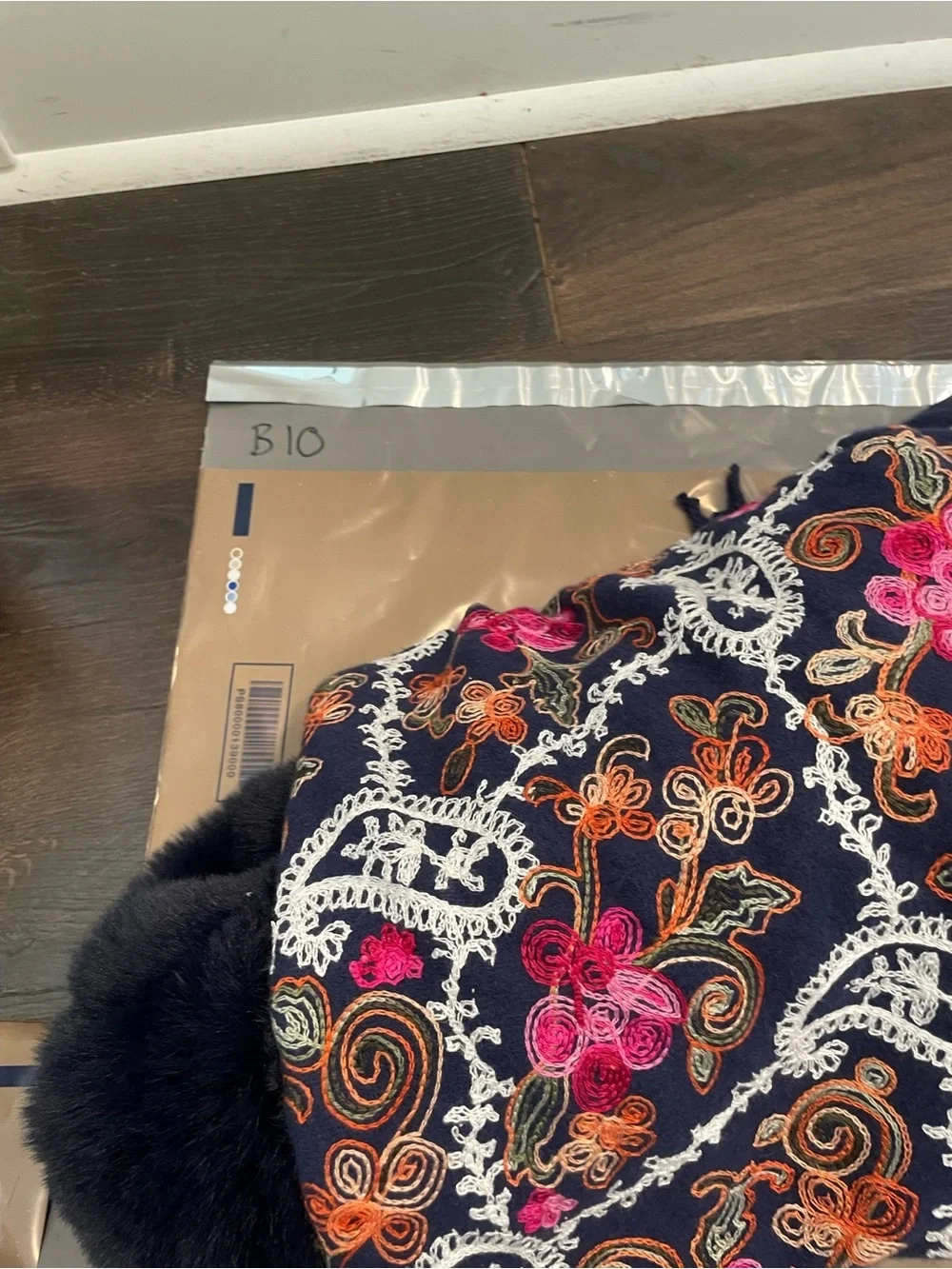 Jessica McClintock Navy Floral Paisley Shawl with Blue Faux Fur Collar